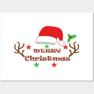 Merry Christmas Santa Hat Reindeer berry Posters and Art